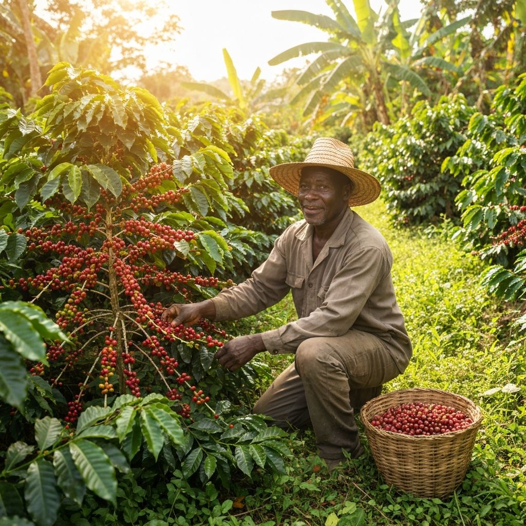 African farmer harvesting coffee